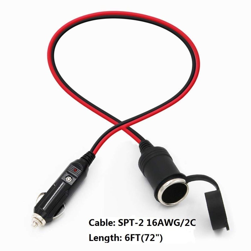 SPARKING 6FT Car Cigarette Lighter Extension Cord - Male Plug to Female Socket 16AWG Heavy Duty Cable With LED Lights for Tire Pump, Air Compressor - Image 3